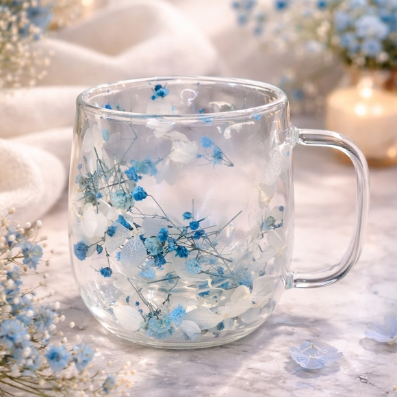 Pressed Flower Glass Mug Set Pink Blue – Aesthetic Floral Tea Cups Handmade Gift - Picture 3 of 12